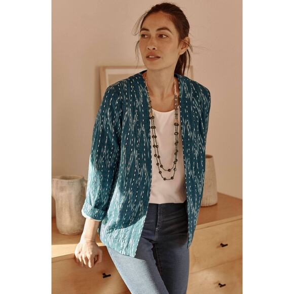 J.Jill Pure Jill Kantha Stitched Ikat Open Quilted Embroidered Jacket Teal M - Picture 6 of 15